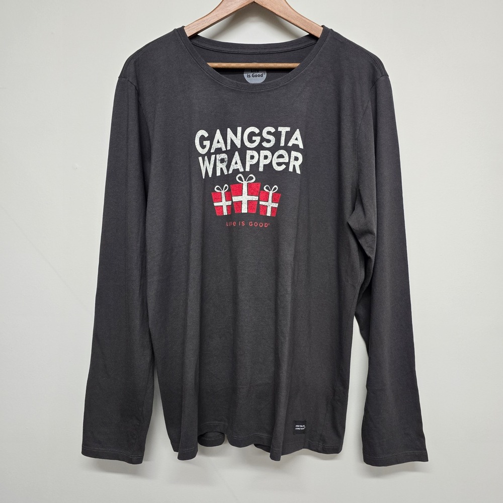 Life is Good Gangsta Wrapper Crusher Tee Women XL Gray Christmas Holiday Shirt